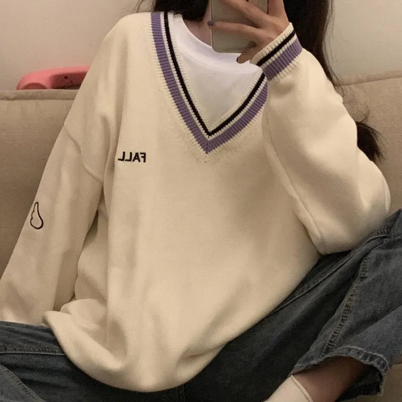 Thick Women Sweatshirt Winter Fashion V Neck Embroidery Letter Pullover All Match Loose Long Sleeve Warm Black Tops