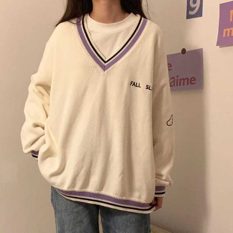 Thick Women Sweatshirt Winter Fashion V Neck Embroidery Letter Pullover All Match Loose Long Sleeve Warm Black Tops