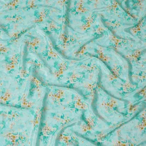 Turquoise blue synthetic crepe fabric with beige and mustard yellow print having stone work in floral design-D15295