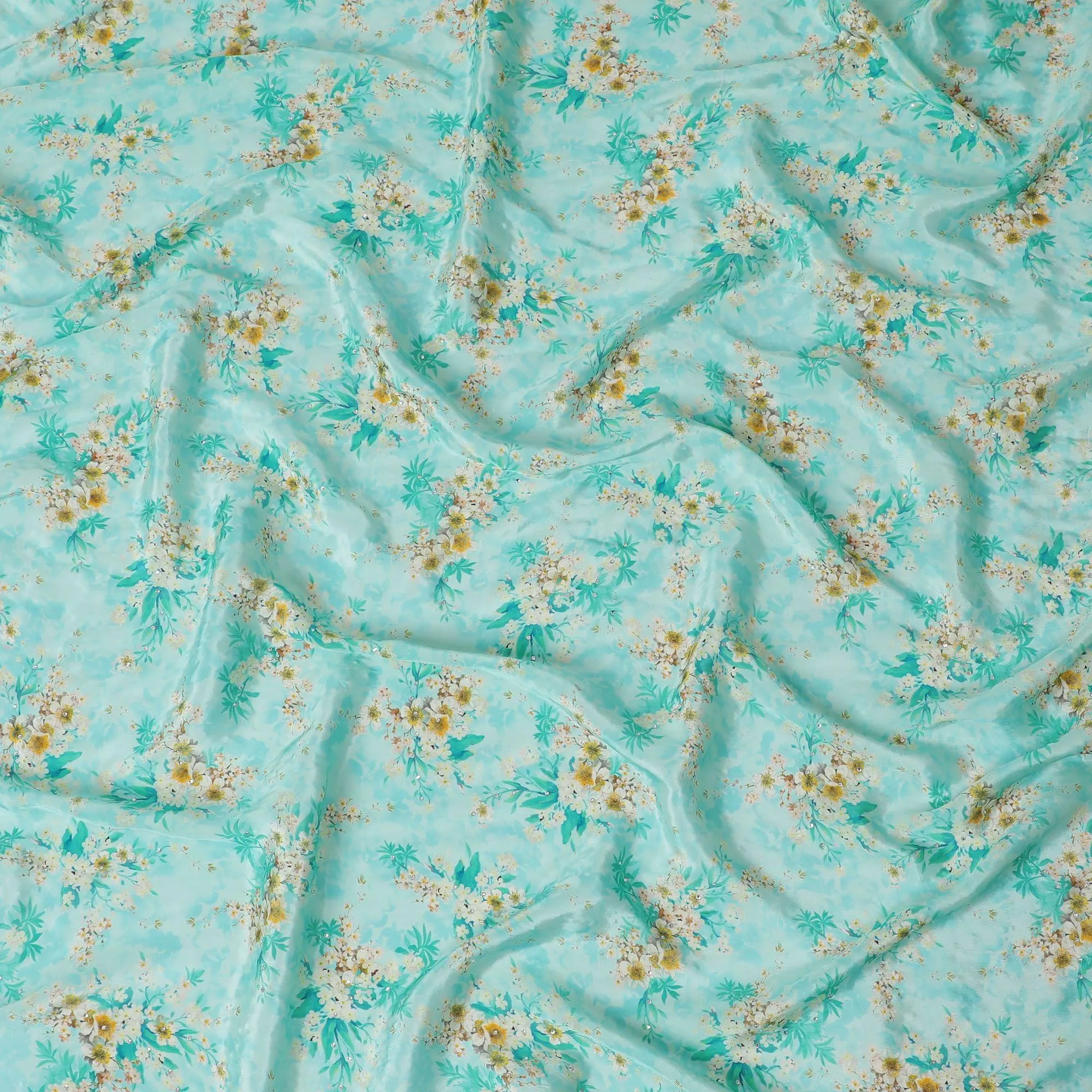 Turquoise blue synthetic crepe fabric with beige and mustard yellow print having stone work in floral design-D15295