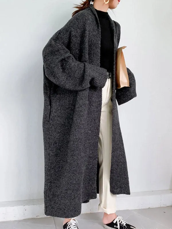 Urban Simple Loose Solid Color Knitting Cardigan Coat BLACK