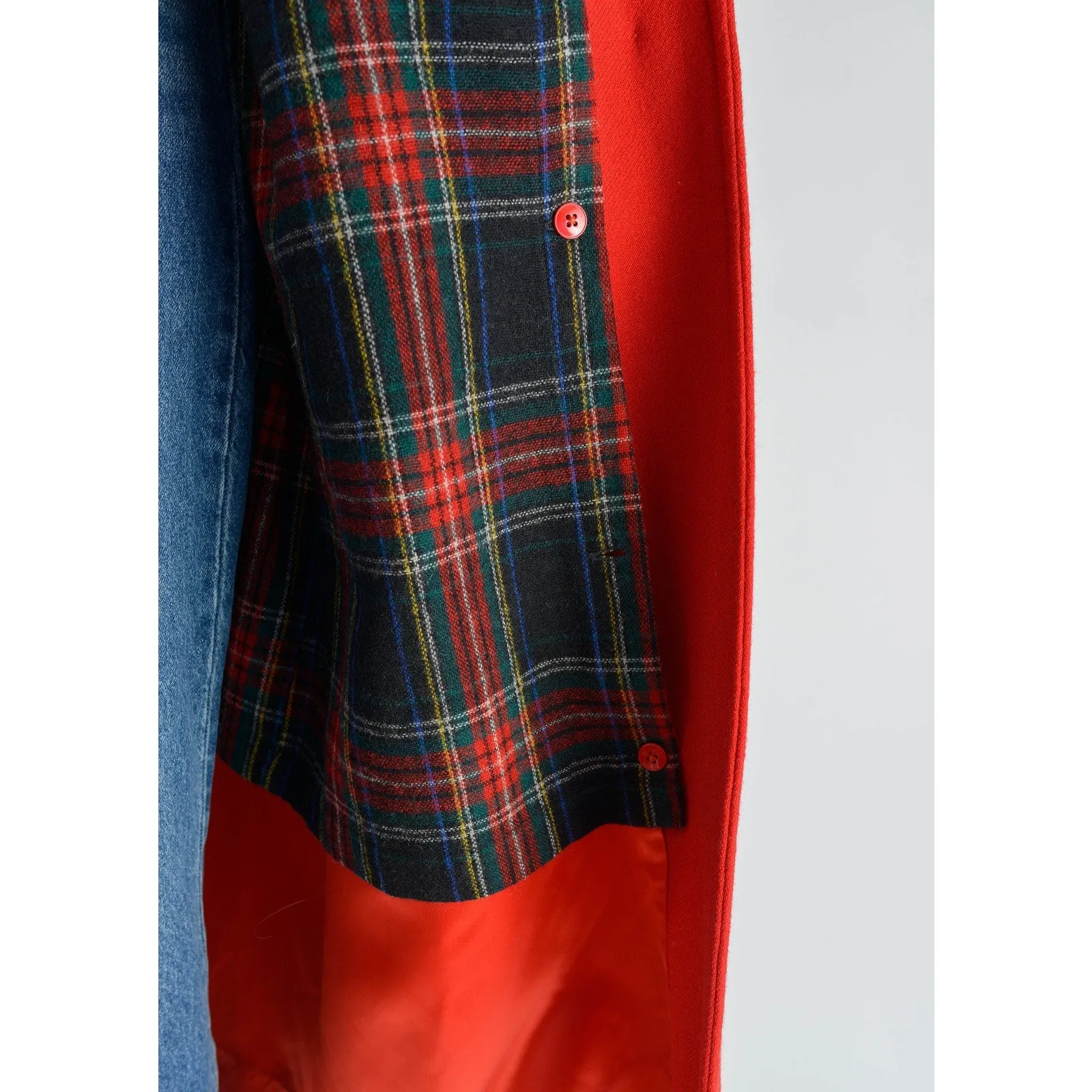 Vintage 80s Red Wool Coat Full Length Long Winter Coat with Tartan Plaid Liner size L