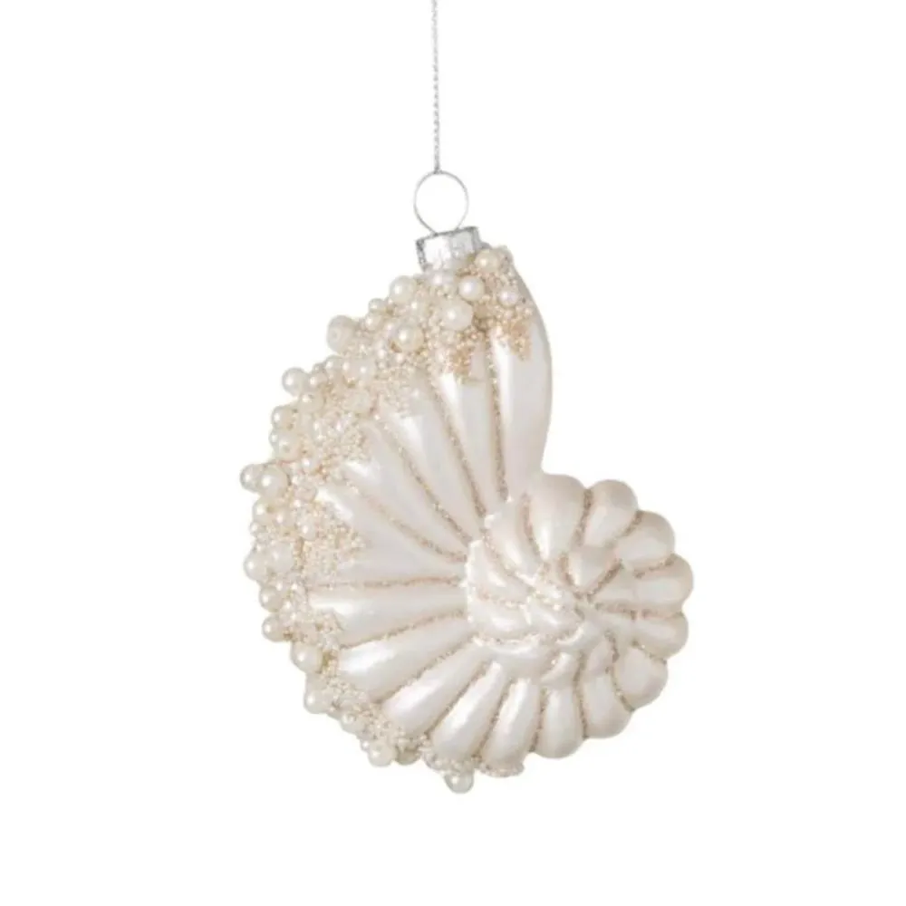White with Pearls Nautalis Sea Shell Glass Ornament
