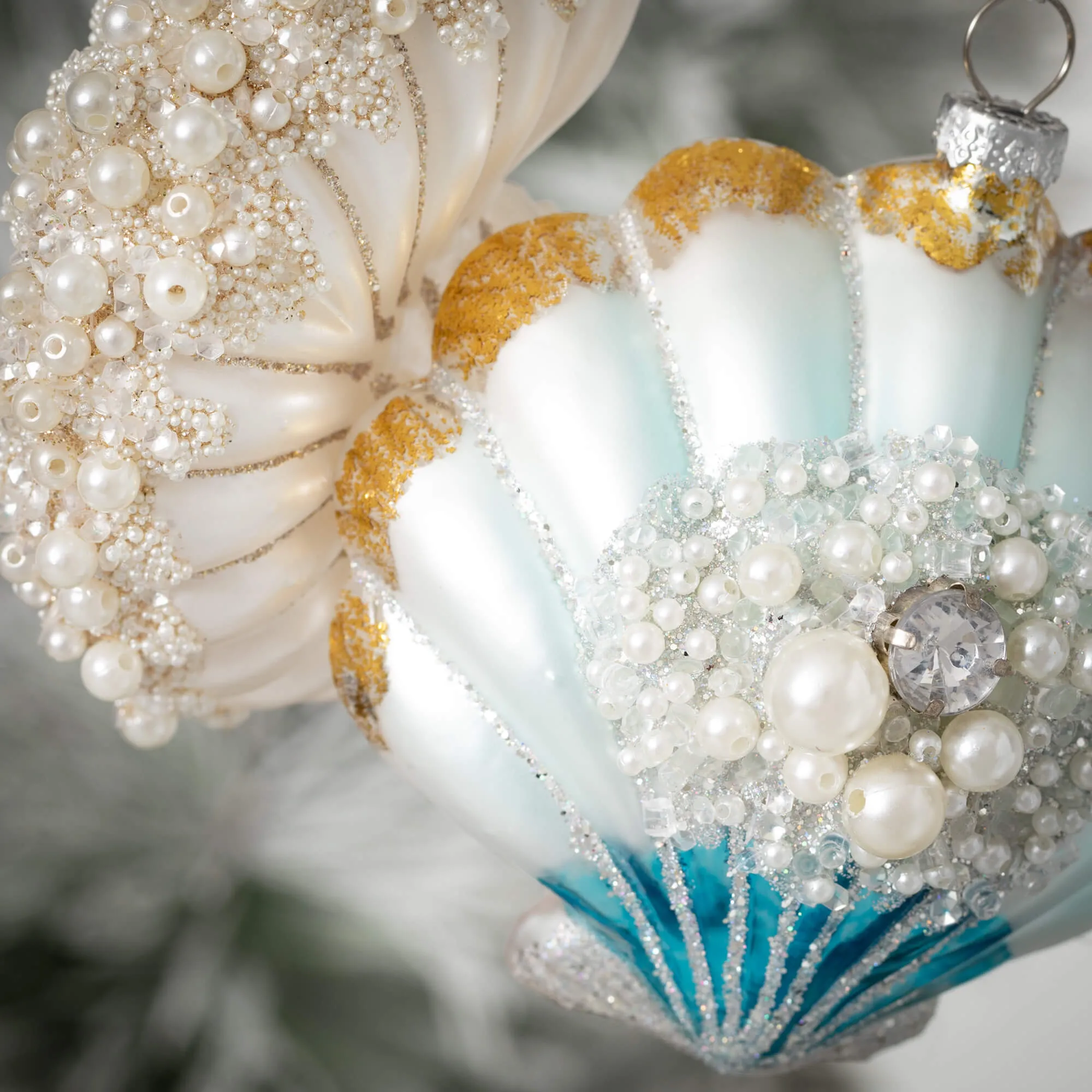 White with Pearls Nautalis Sea Shell Glass Ornament