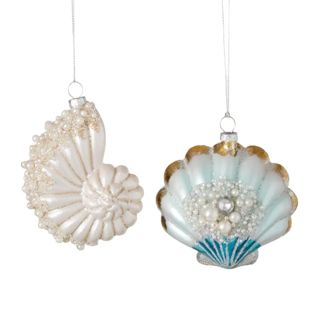 White with Pearls Nautalis Sea Shell Glass Ornament