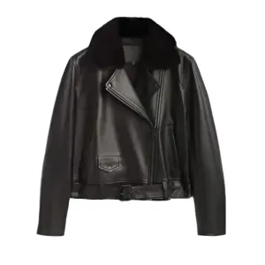Women's Black Leather Jacket with Fur Collar - Chic & Warm Outerwear