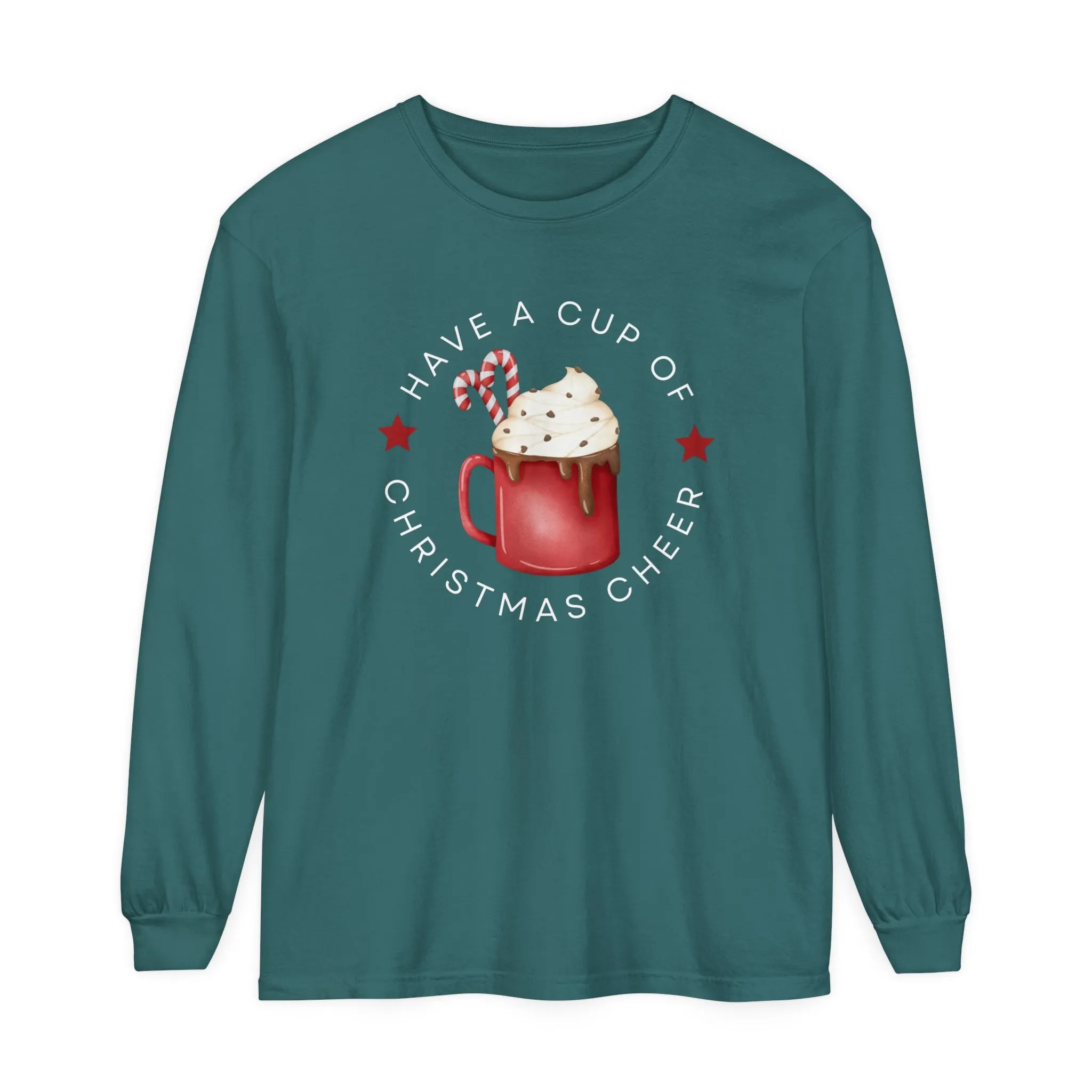 Women's Comfort Colors Long Sleeve Tee: 'Have a Cup of Christmas Cheer'