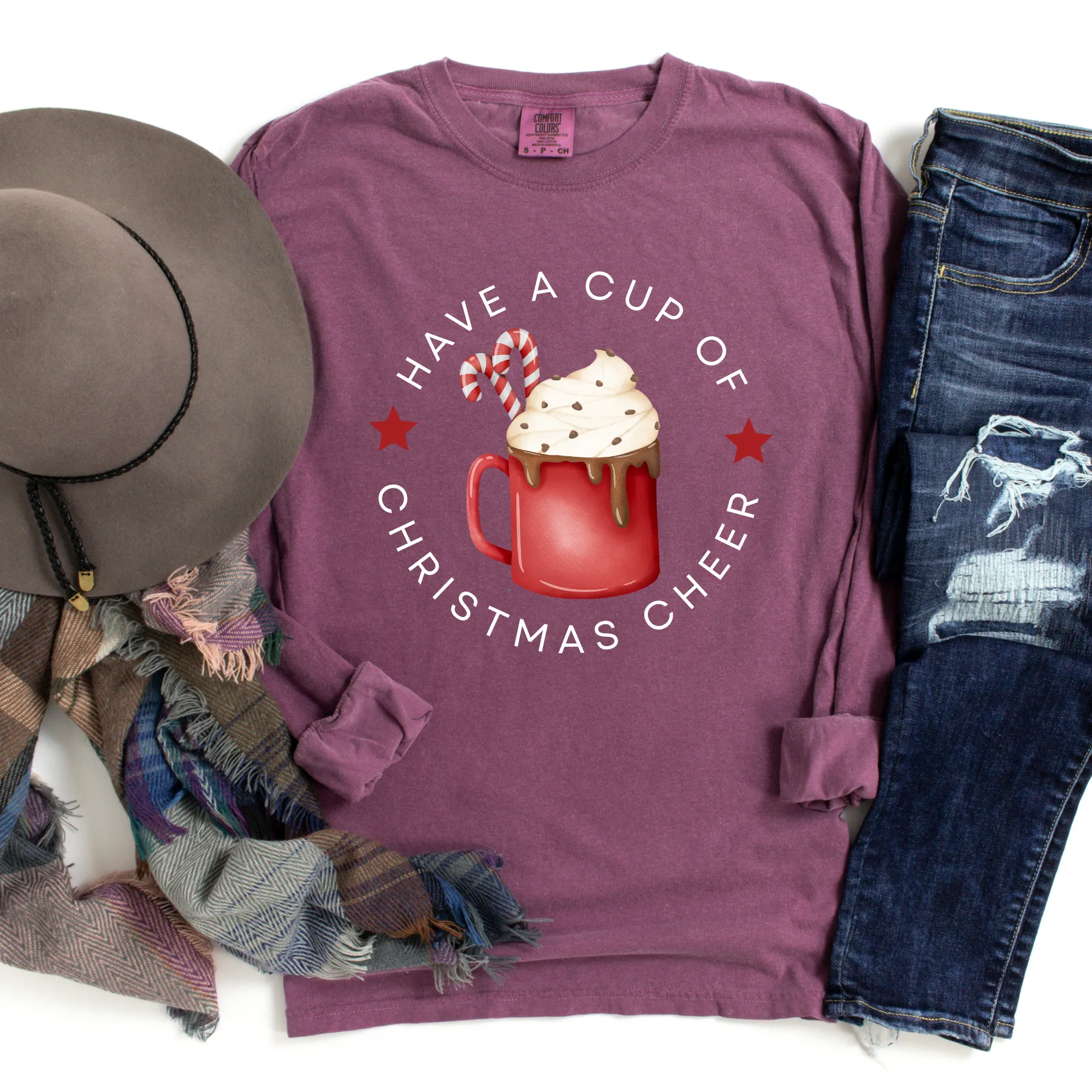 Women's Comfort Colors Long Sleeve Tee: 'Have a Cup of Christmas Cheer'