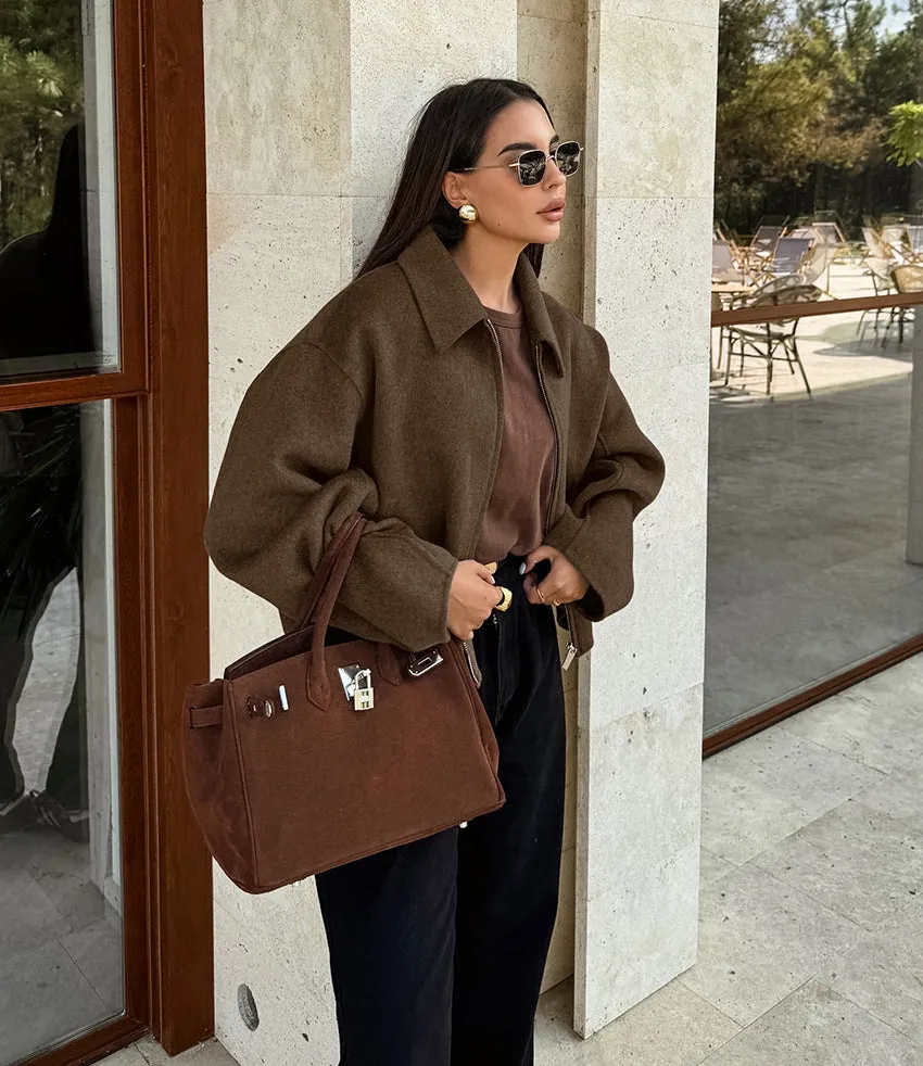 Women's Lapel Long Sleeve Zipper Woolen Coat - Premium Fashion Jacket