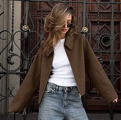Women's Lapel Long Sleeve Zipper Woolen Coat - Premium Fashion Jacket