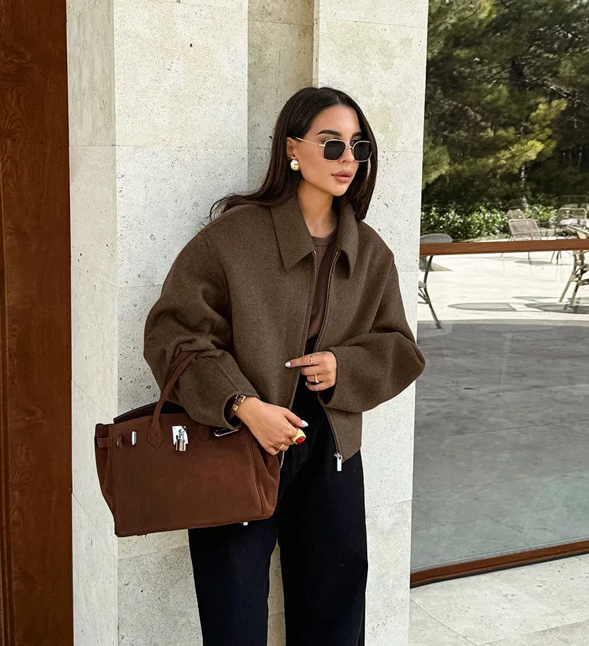 Women's Lapel Long Sleeve Zipper Woolen Coat - Premium Fashion Jacket