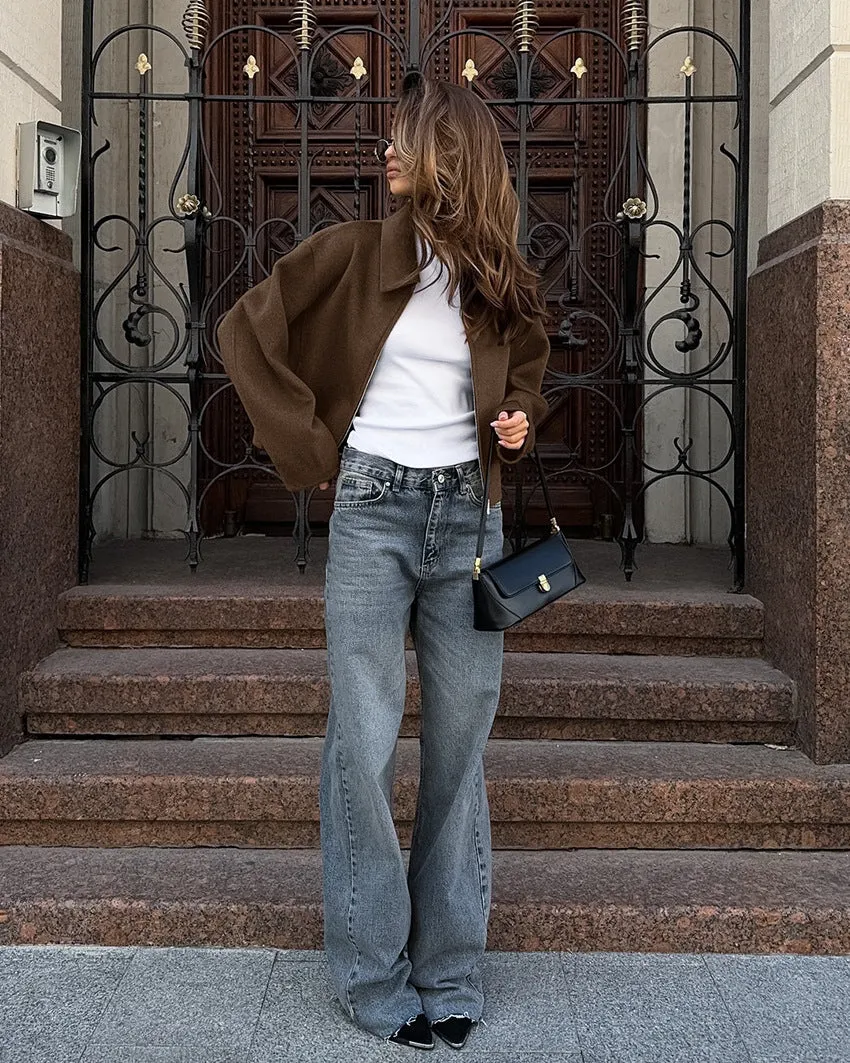 Women's Lapel Long Sleeve Zipper Woolen Coat - Premium Fashion Jacket