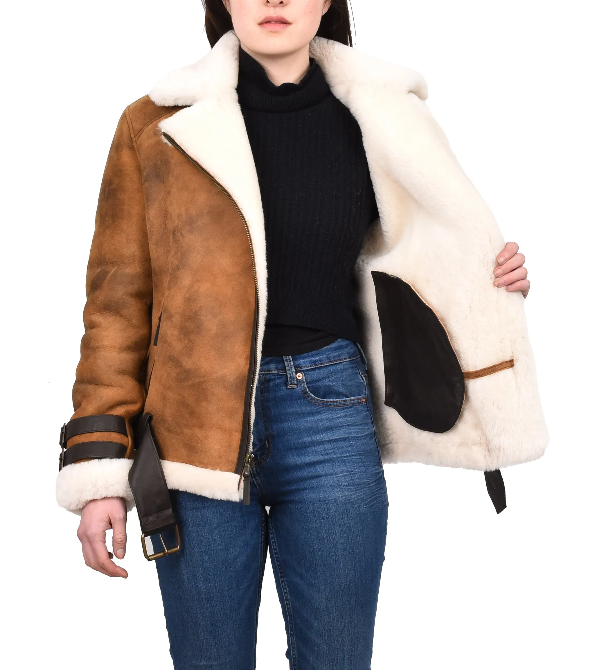 Women's Real Sheepskin Italian Classic Aviator Jacket Brown Hedda