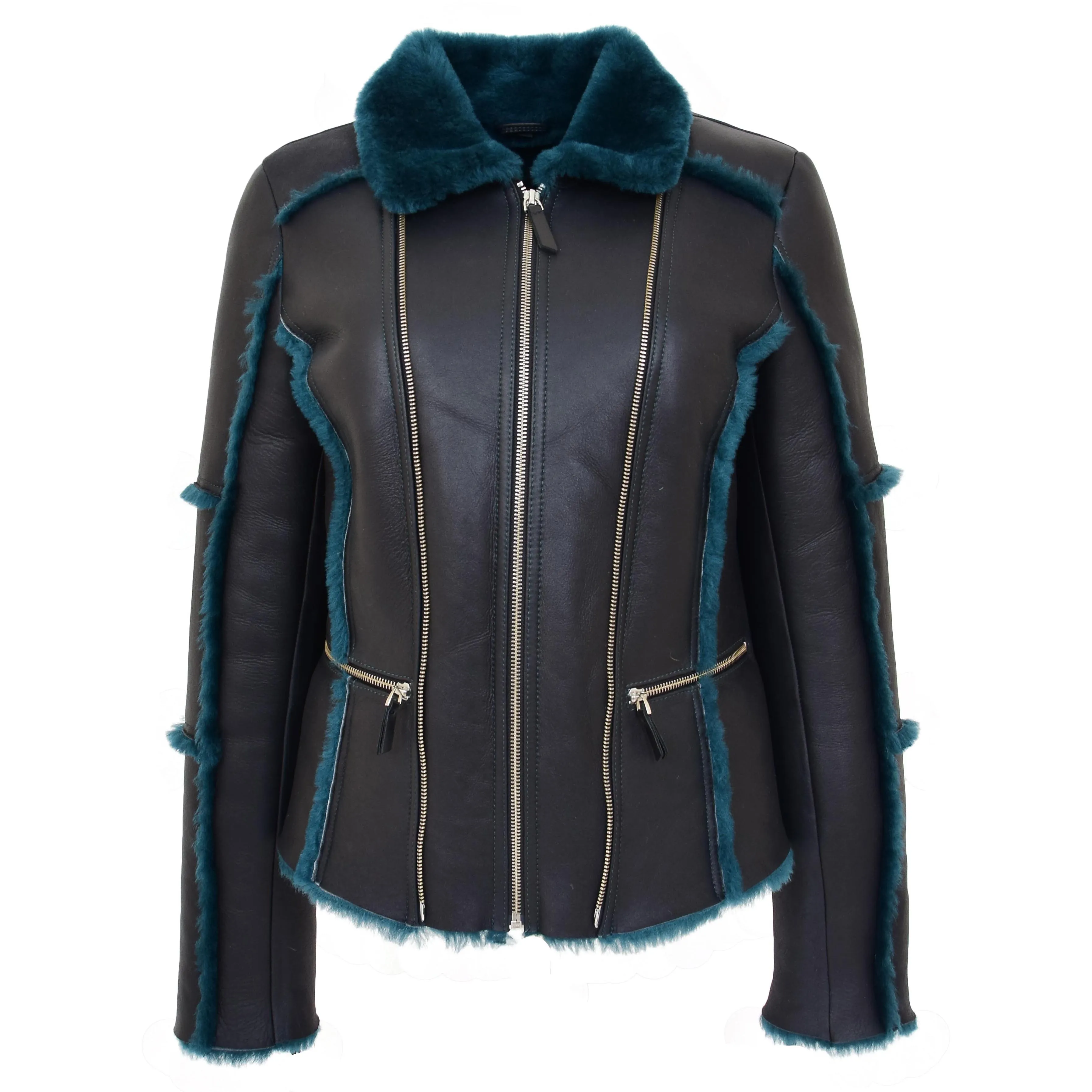 Womens Sheepskin Aviator Pilot Jacket Valerie Black Green