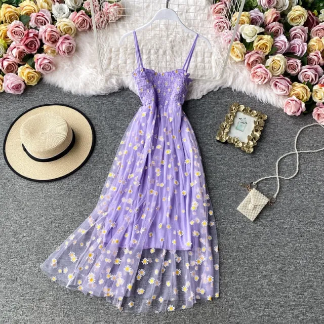 Yeknu Slip Dress Long Mesh Floral Dress Women Vintage Elegant Sexy Beach Dresses Woman Party Night Korean Kawaii Ruffle Backless